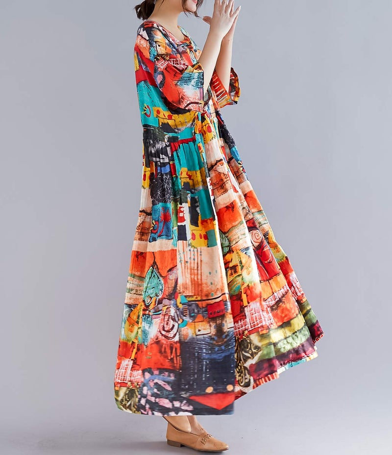 ellazhu Women's Half Sleeve Summer Oversized Bohemian Dress Scoop Neck Abstract Print Maxi Baggy Beach Dresses GA1396 - Image 3